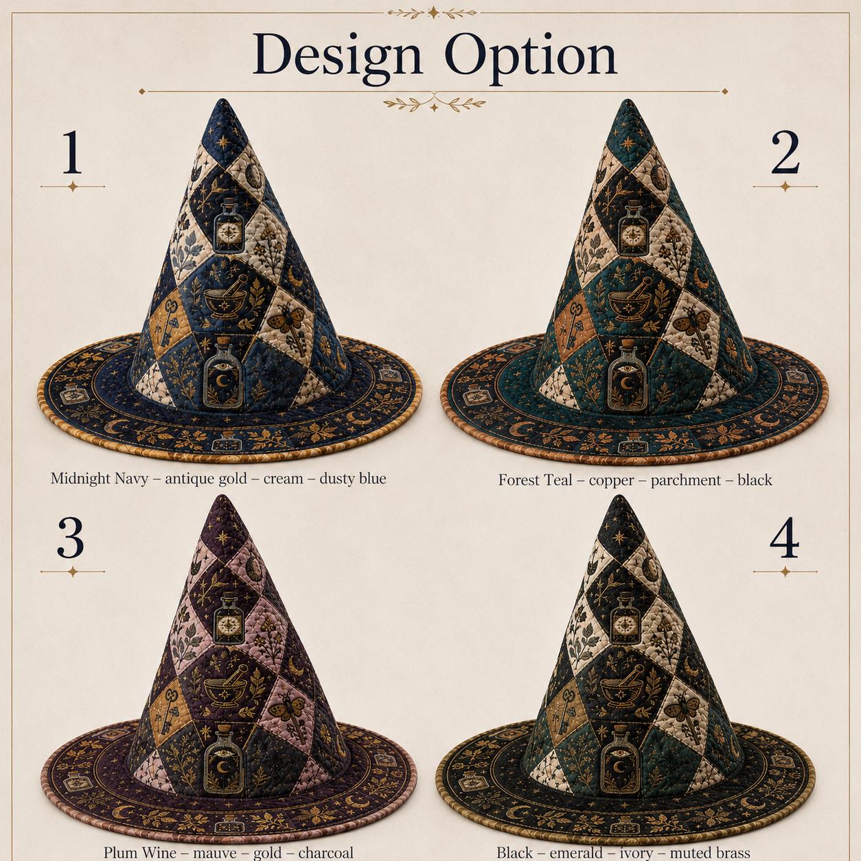 Quilted Fabric Witch Hat Centerpiece and Botanical Table Decoration – Gothic Midnight Apothecary Potion Bottle Decor for Witchcore Halloween - photo 4