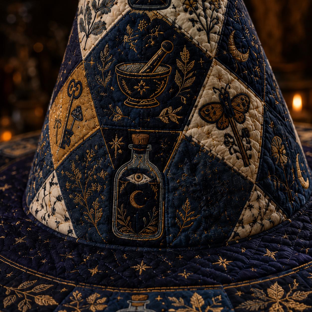 Quilted Fabric Witch Hat Centerpiece and Botanical Table Decoration – Gothic Midnight Apothecary Potion Bottle Decor for Witchcore Halloween - photo 5