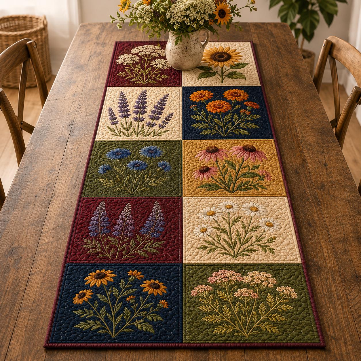 Botanical Floral Patchwork Quilt Table Runner – Wildflower Embroidered Farmhouse Dining Runner for Cottagecore Table Decor