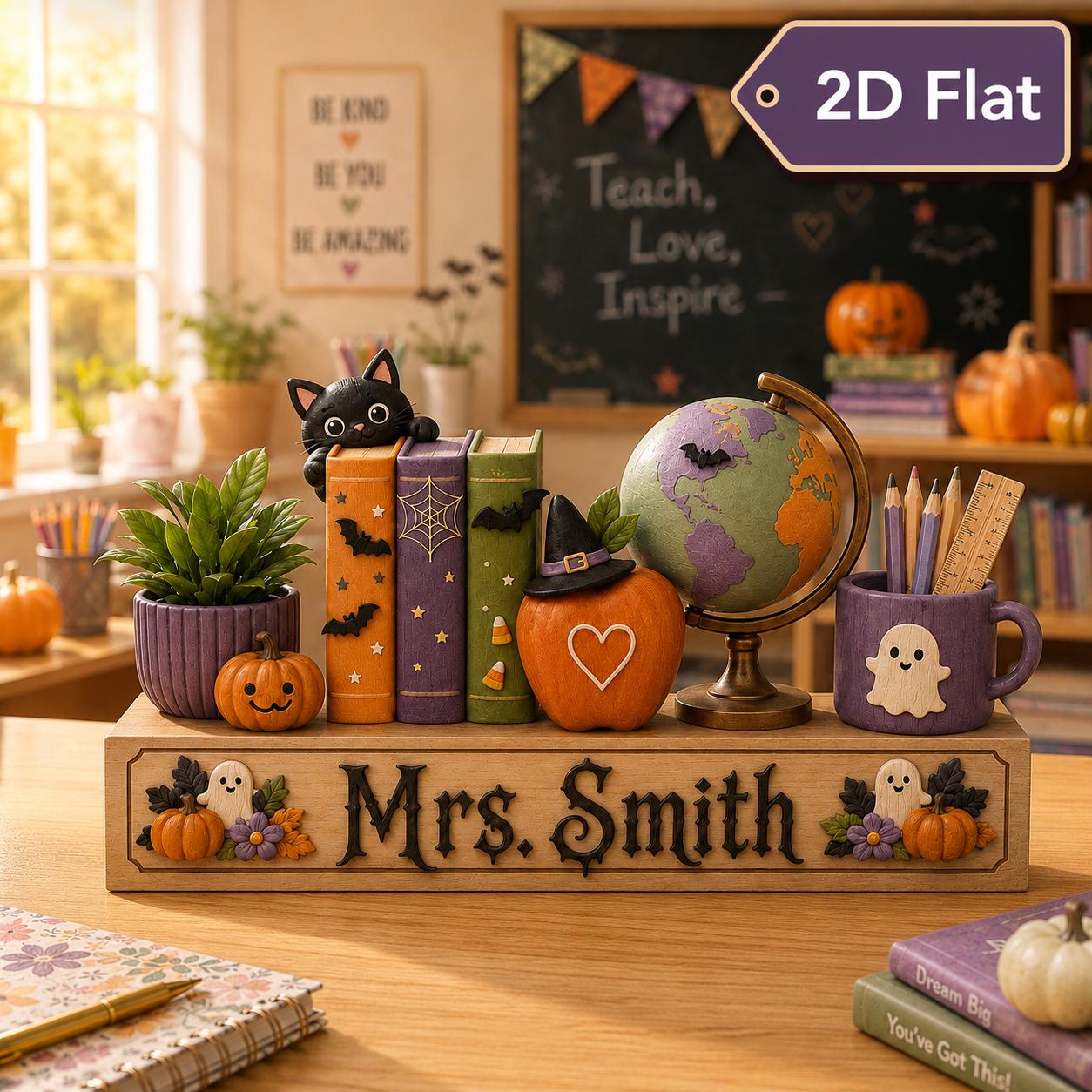 Custom Personalized Halloween Teacher Wood Plaque Desk Sign – Classroom Decor and Back to School Gift for Teachers