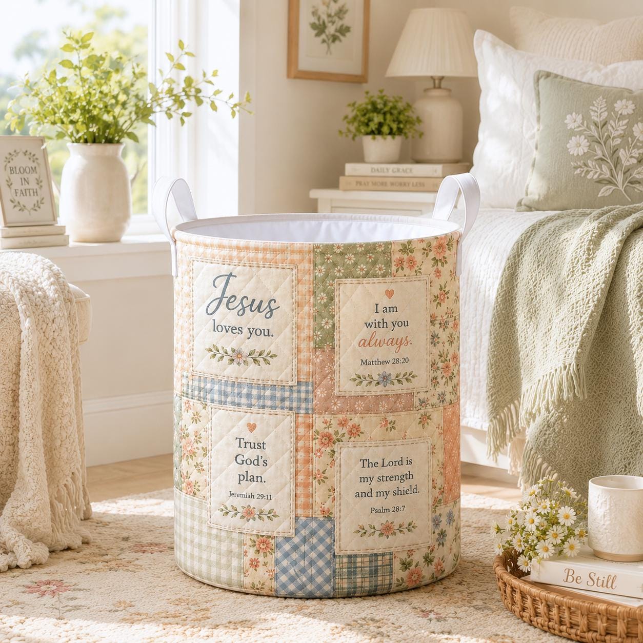 Christian Bible Verse Jesus Quilted Style Laundry Basket – Religious Faith Storage Hamper Organizer Decor Gift