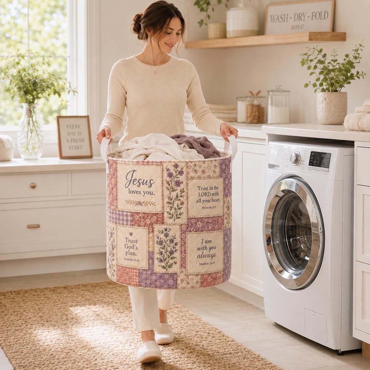 Christian Bible Verse Jesus Quilted Style Laundry Basket – Religious Faith Storage Hamper Organizer Decor Gift - photo 3