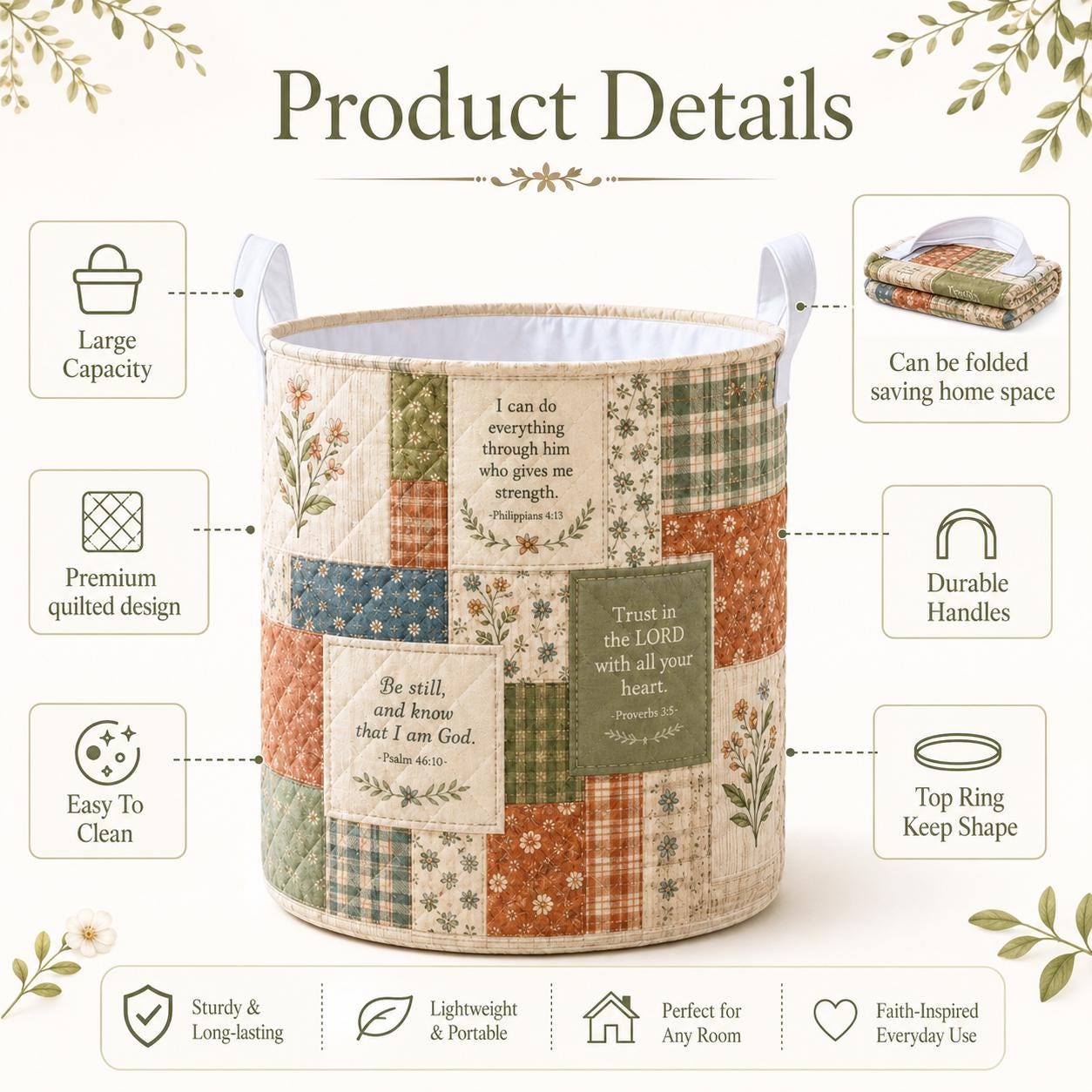 Christian Bible Verse Jesus Quilted Style Laundry Basket – Religious Faith Storage Hamper Organizer Decor Gift - photo 9