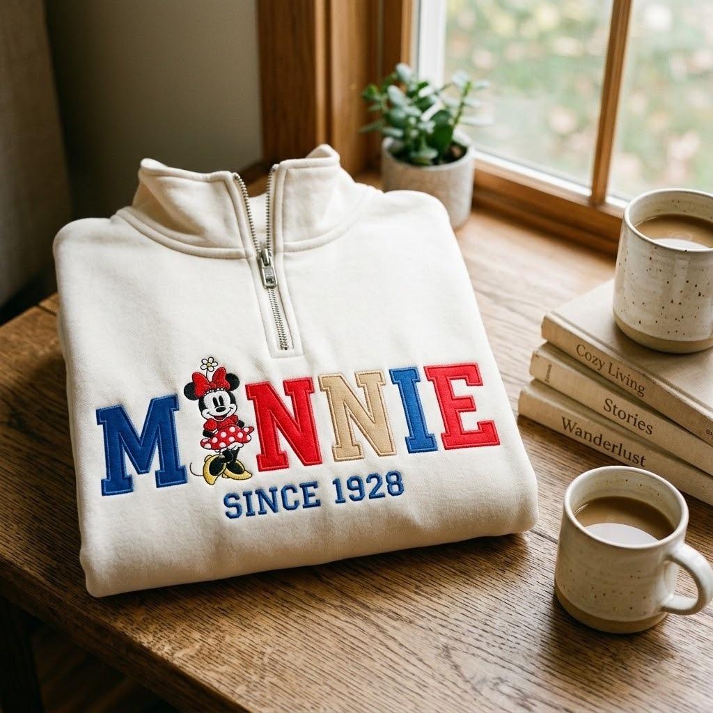 Embroidered Retro Minnie Mouse Quarter Zip Sweatshirt for Disney World and Disneyland Trips