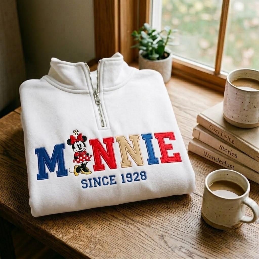 Embroidered Retro Minnie Mouse Quarter Zip Sweatshirt for Disney World and Disneyland Trips - photo 3