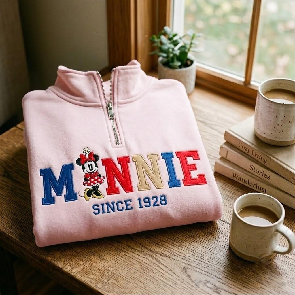 Embroidered Retro Minnie Mouse Quarter Zip Sweatshirt for Disney World and Disneyland Trips - photo 4