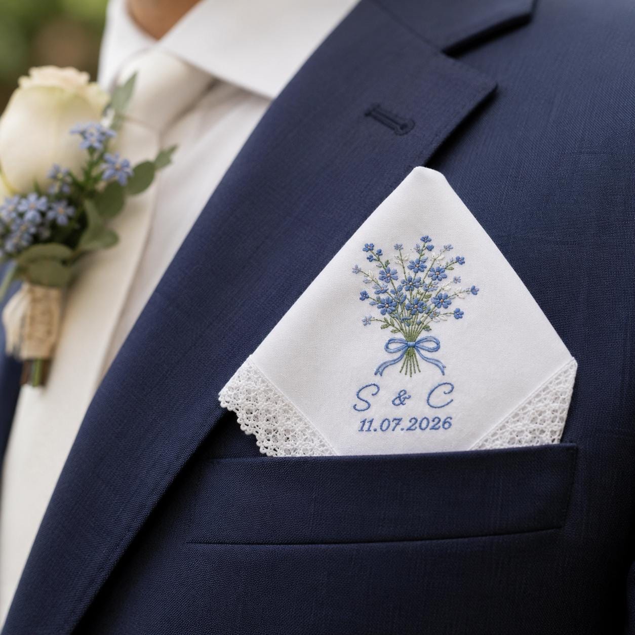 Personalized Embroidered Linen Wedding Handkerchief – Custom Initial Date Blue Floral Lace Bridal Hankie Keepsake Something Blue Gift