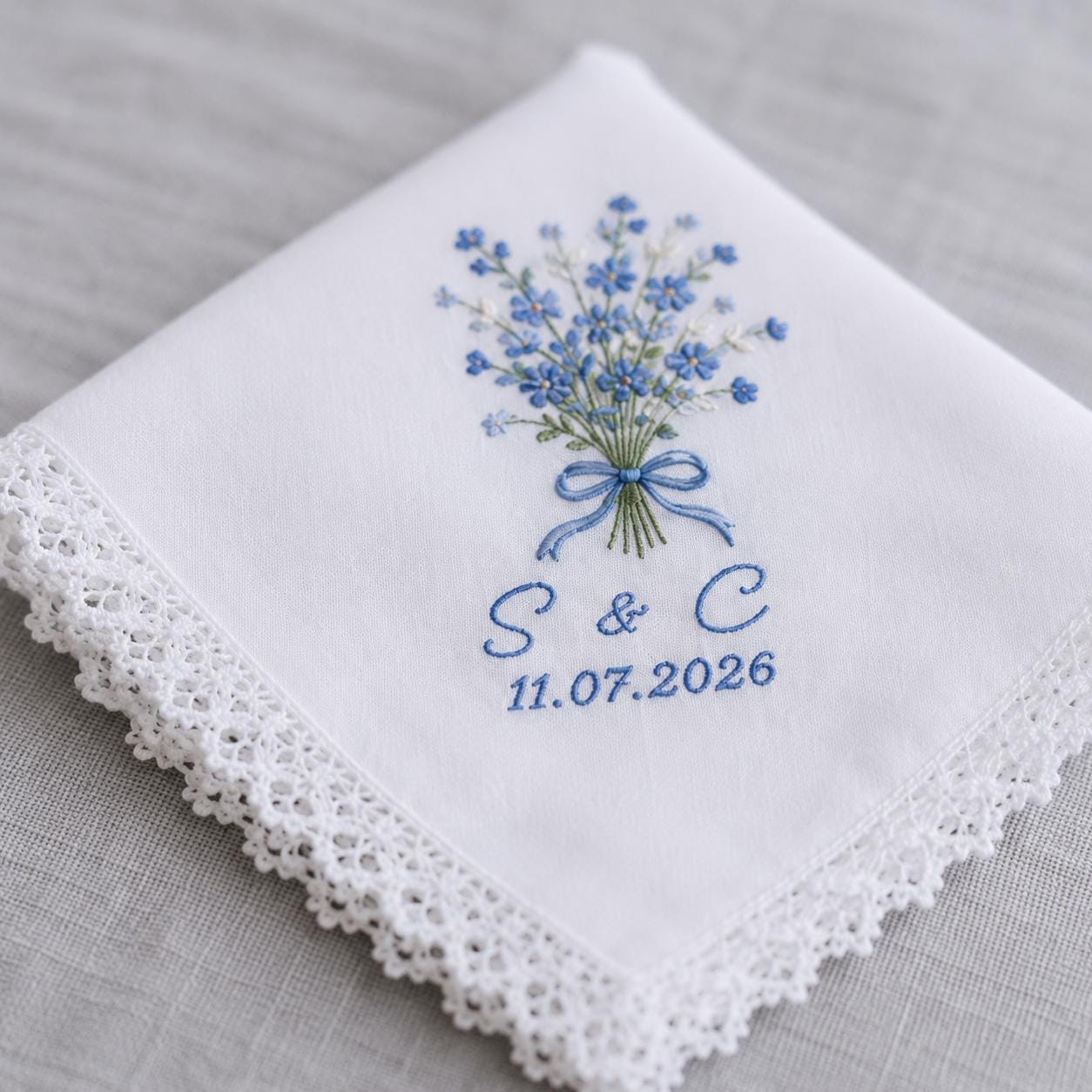 Personalized Embroidered Linen Wedding Handkerchief – Custom Initial Date Blue Floral Lace Bridal Hankie Keepsake Something Blue Gift - photo 2
