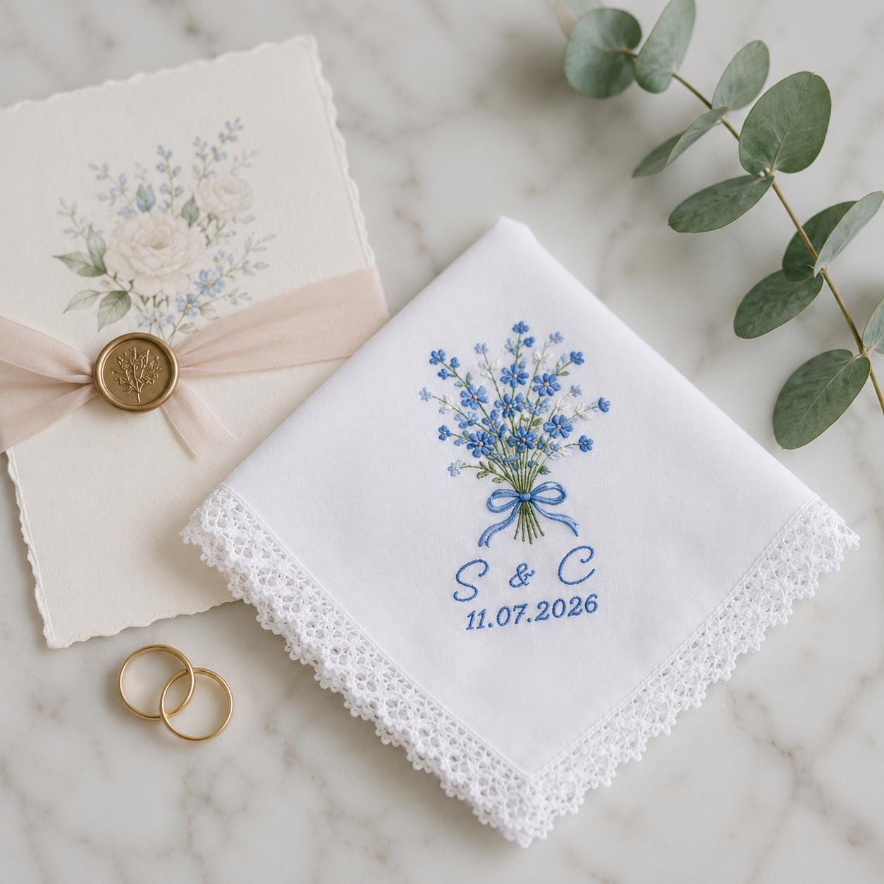 Personalized Embroidered Linen Wedding Handkerchief – Custom Initial Date Blue Floral Lace Bridal Hankie Keepsake Something Blue Gift - photo 3