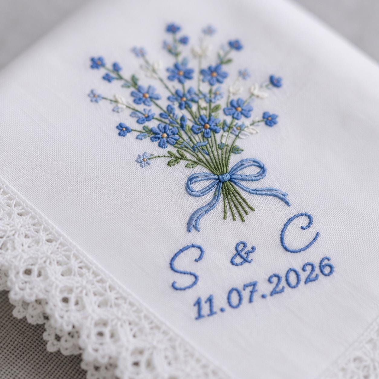 Personalized Embroidered Linen Wedding Handkerchief – Custom Initial Date Blue Floral Lace Bridal Hankie Keepsake Something Blue Gift - photo 6
