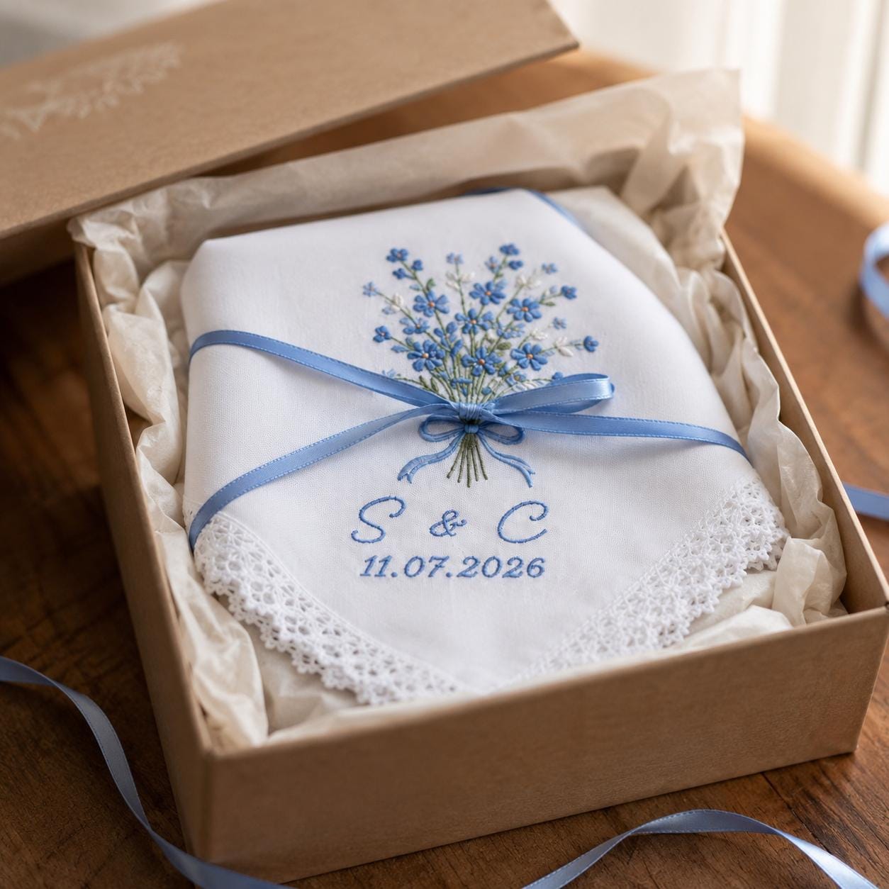 Personalized Embroidered Linen Wedding Handkerchief – Custom Initial Date Blue Floral Lace Bridal Hankie Keepsake Something Blue Gift - photo 7