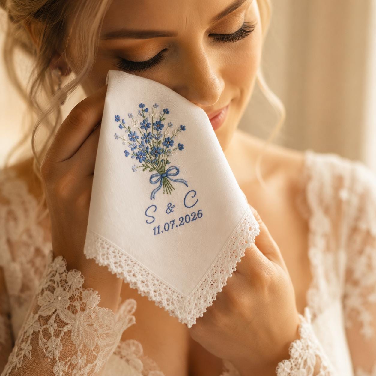 Personalized Embroidered Linen Wedding Handkerchief – Custom Initial Date Blue Floral Lace Bridal Hankie Keepsake Something Blue Gift - photo 8