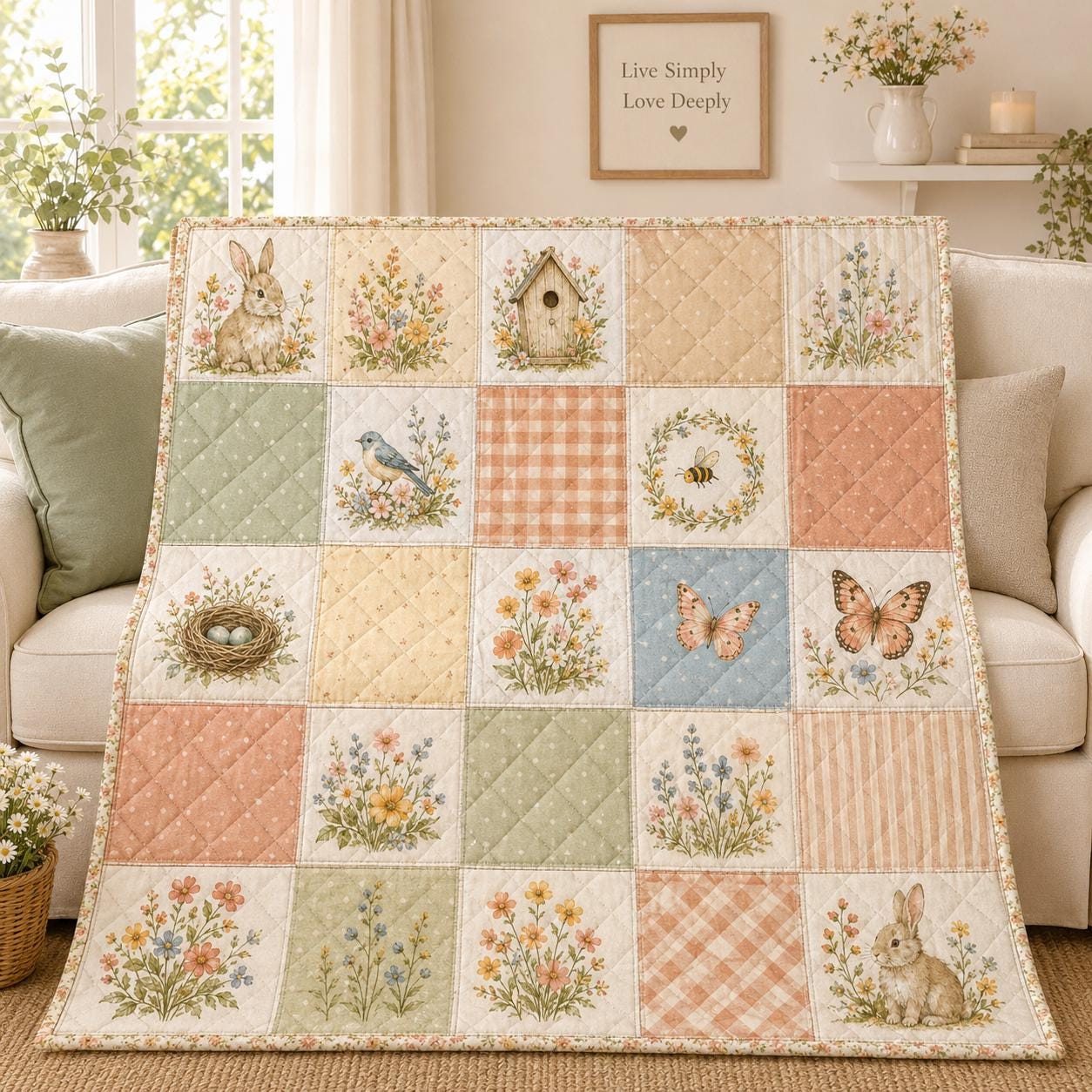 Wildflower Quilted Style Blanket with Botanical Blankets and Floral Patchwork Throw for Cottagecore Bedding Garden Flower Gift