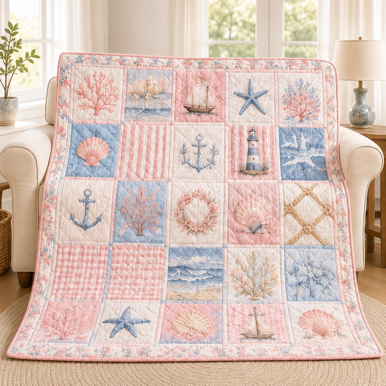 Coastal Beach Seashell Patchwork Quilted Style Blanket Quilt – Nautical Ocean Throw for Cottage Beach House Bedding