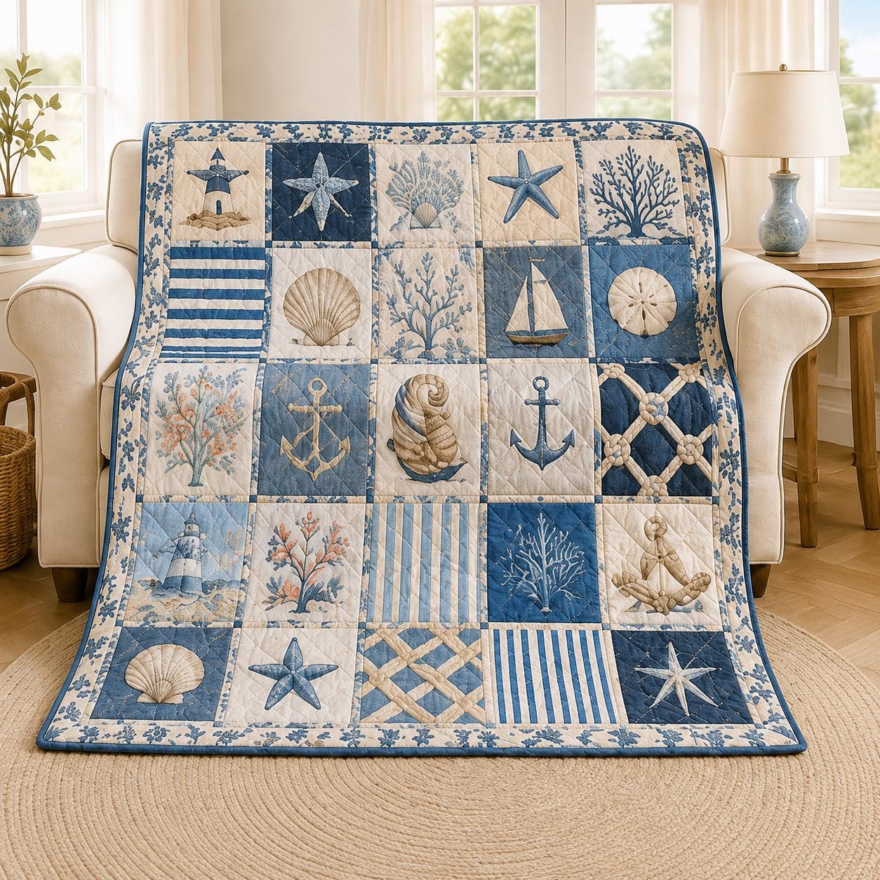 Coastal Beach Seashell Patchwork Quilted Style Blanket Quilt – Nautical Ocean Throw for Cottage Beach House Bedding - photo 2