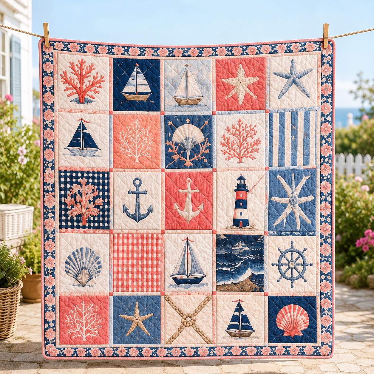 Coastal Beach Seashell Patchwork Quilted Style Blanket Quilt – Nautical Ocean Throw for Cottage Beach House Bedding - photo 3