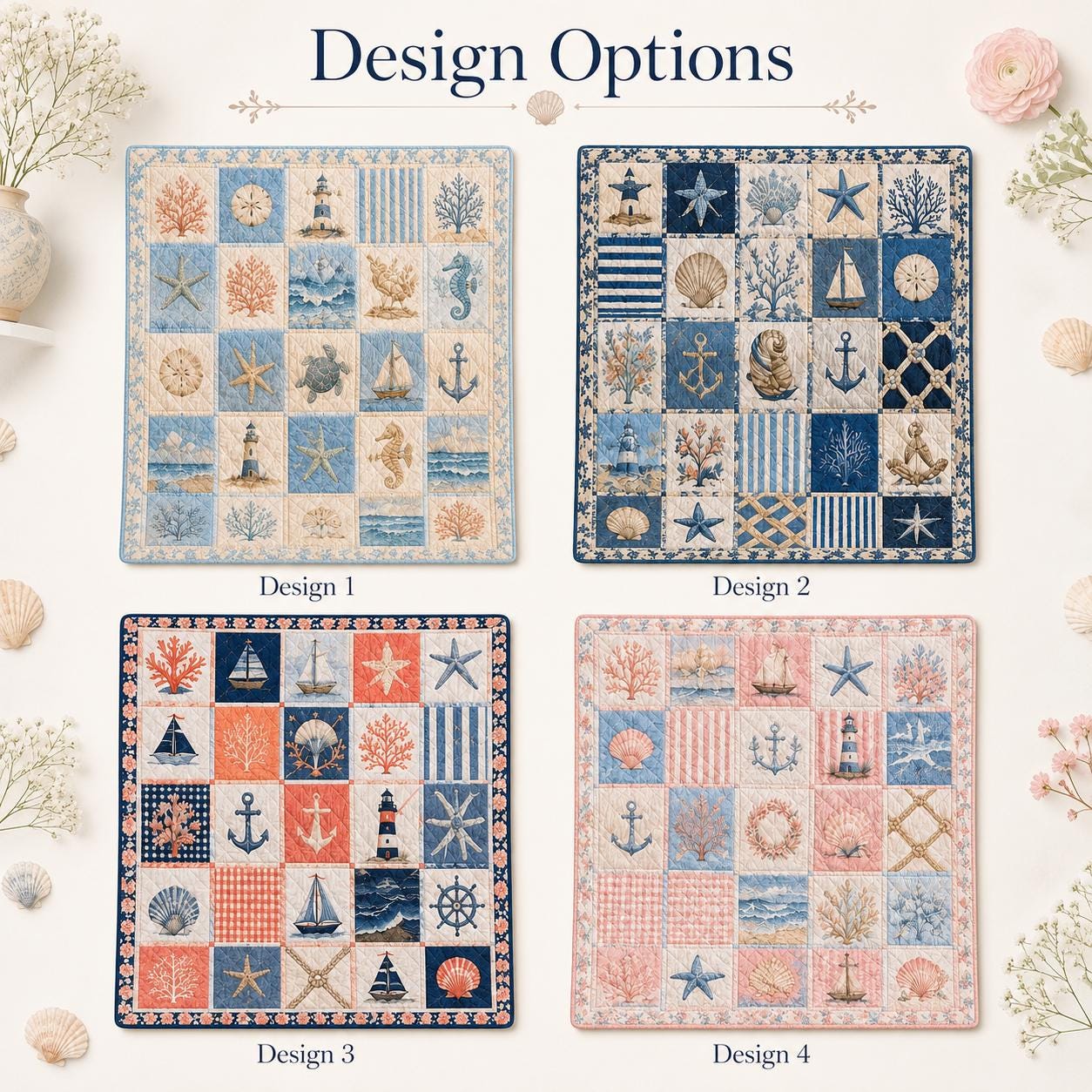 Coastal Beach Seashell Patchwork Quilted Style Blanket Quilt – Nautical Ocean Throw for Cottage Beach House Bedding - photo 4