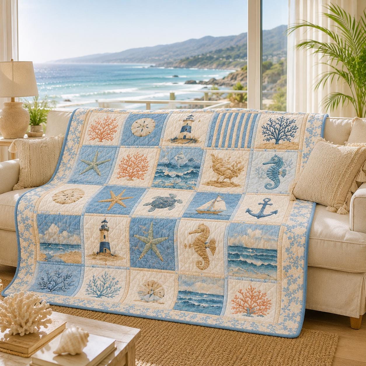 Coastal Beach Seashell Patchwork Quilted Style Blanket Quilt – Nautical Ocean Throw for Cottage Beach House Bedding - photo 6