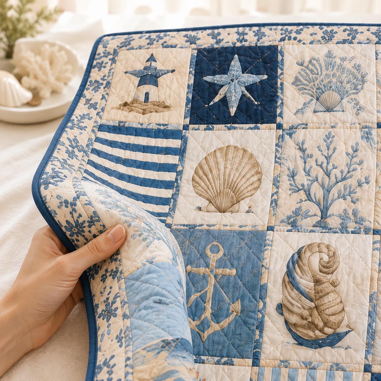 Coastal Beach Seashell Patchwork Quilted Style Blanket Quilt – Nautical Ocean Throw for Cottage Beach House Bedding - photo 7