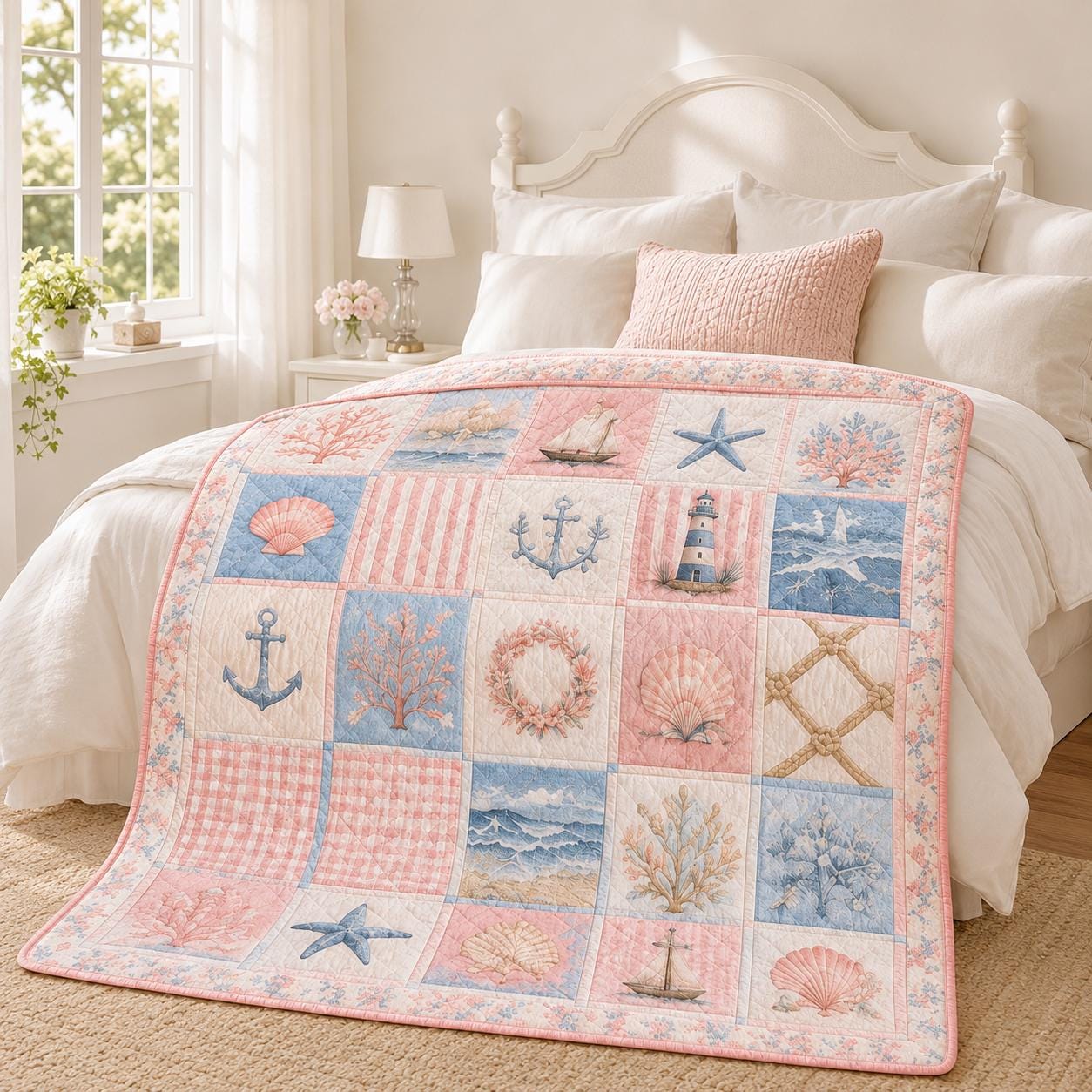Coastal Beach Seashell Patchwork Quilted Style Blanket Quilt – Nautical Ocean Throw for Cottage Beach House Bedding - photo 8