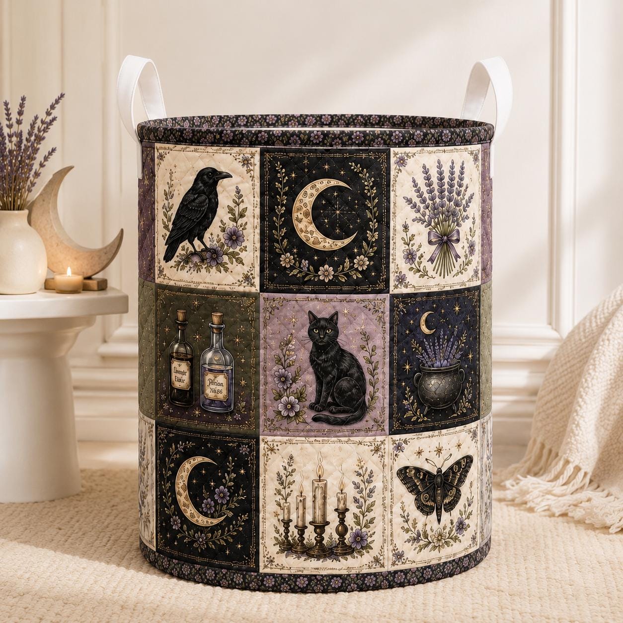 Celestial Witchy Raven Black Cat and Moon Quilted Style Laundry Basket – Gothic Home Hamper Storage Decor