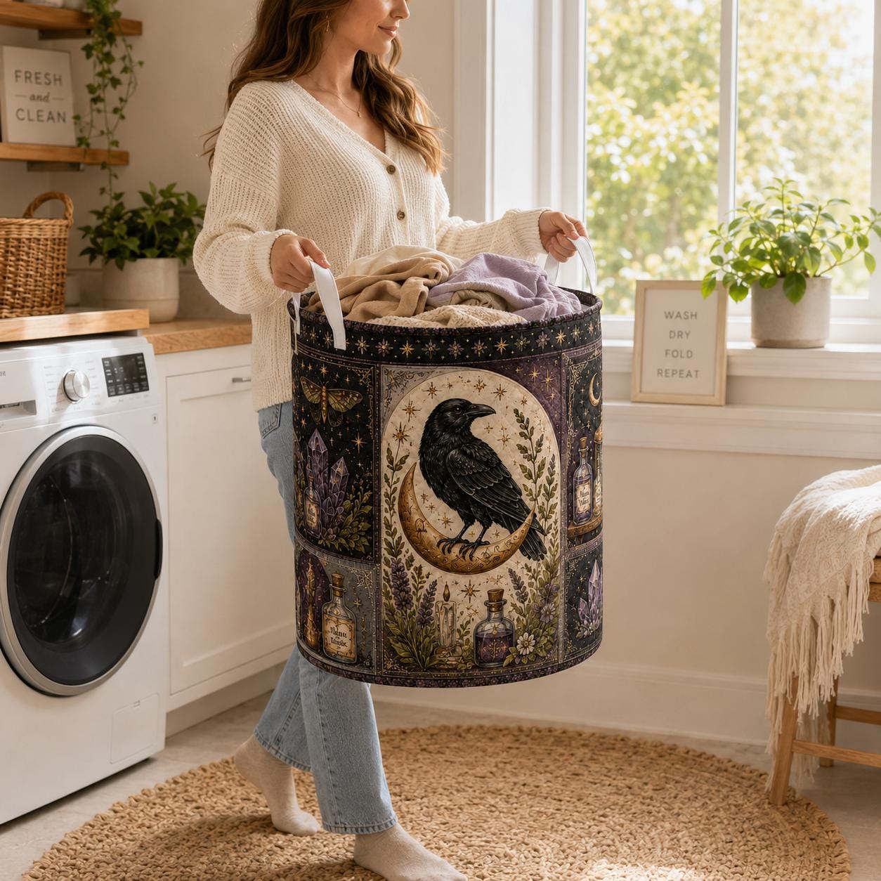 Celestial Witchy Raven Black Cat and Moon Quilted Style Laundry Basket – Gothic Home Hamper Storage Decor - photo 2