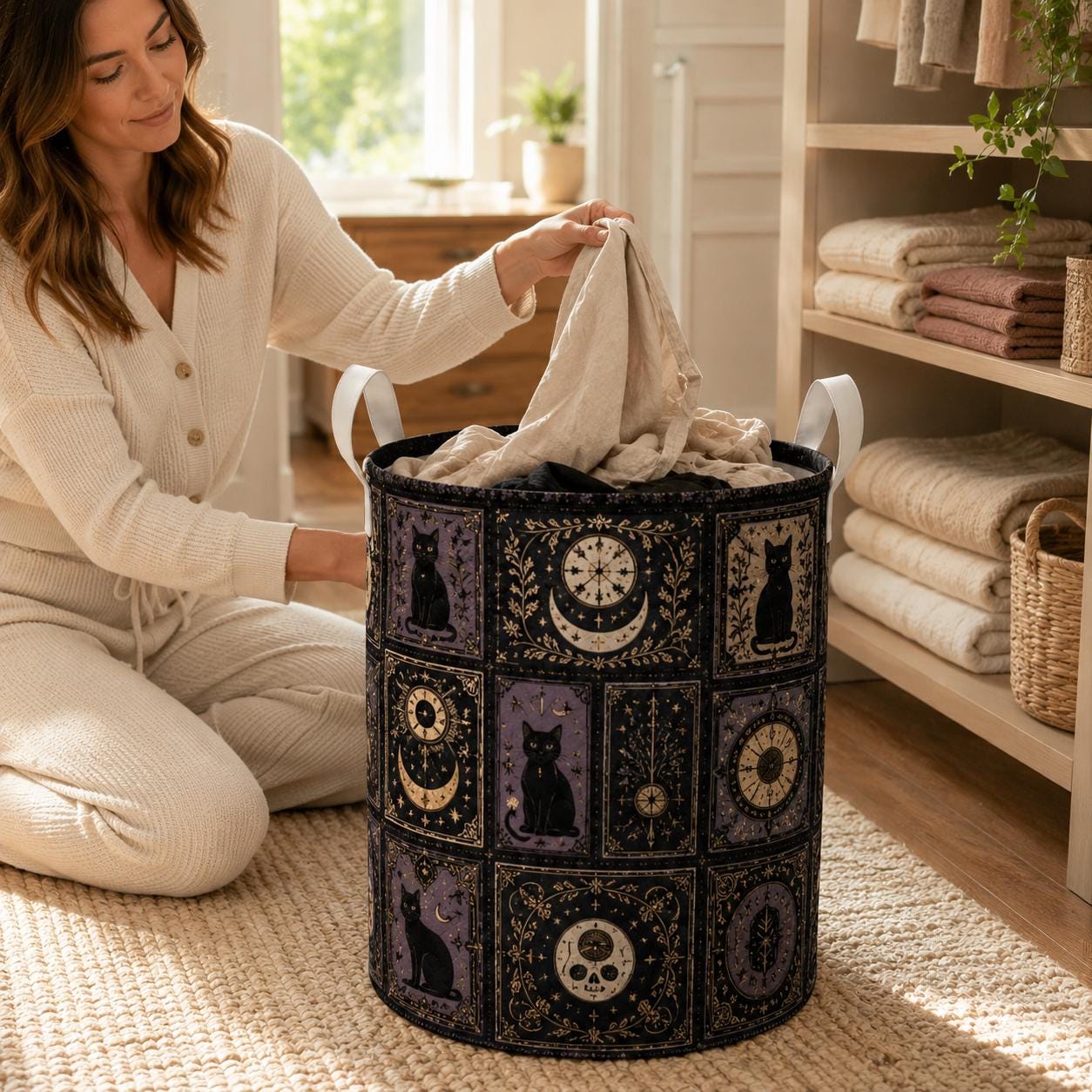Celestial Witchy Raven Black Cat and Moon Quilted Style Laundry Basket – Gothic Home Hamper Storage Decor - photo 3