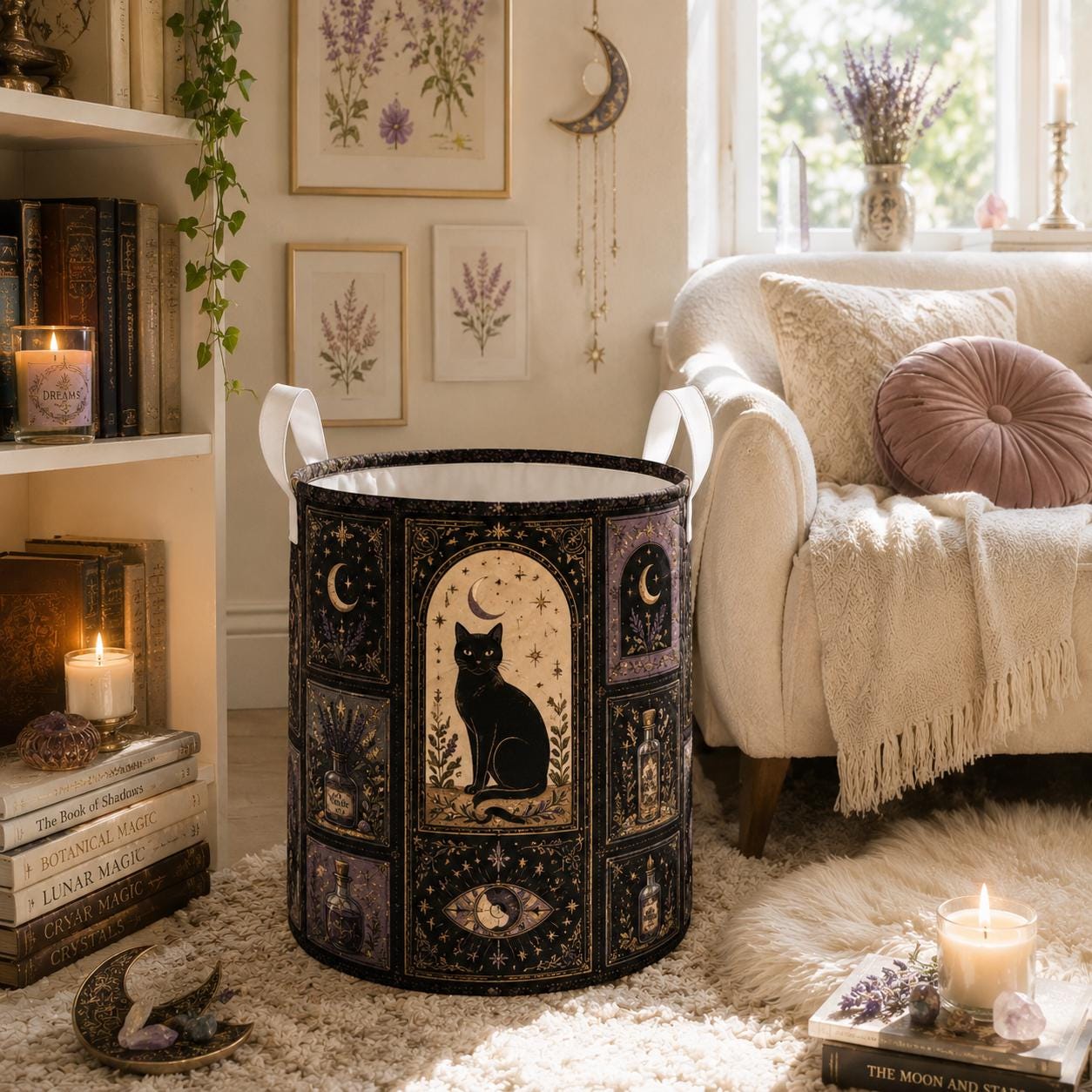 Celestial Witchy Raven Black Cat and Moon Quilted Style Laundry Basket – Gothic Home Hamper Storage Decor - photo 6