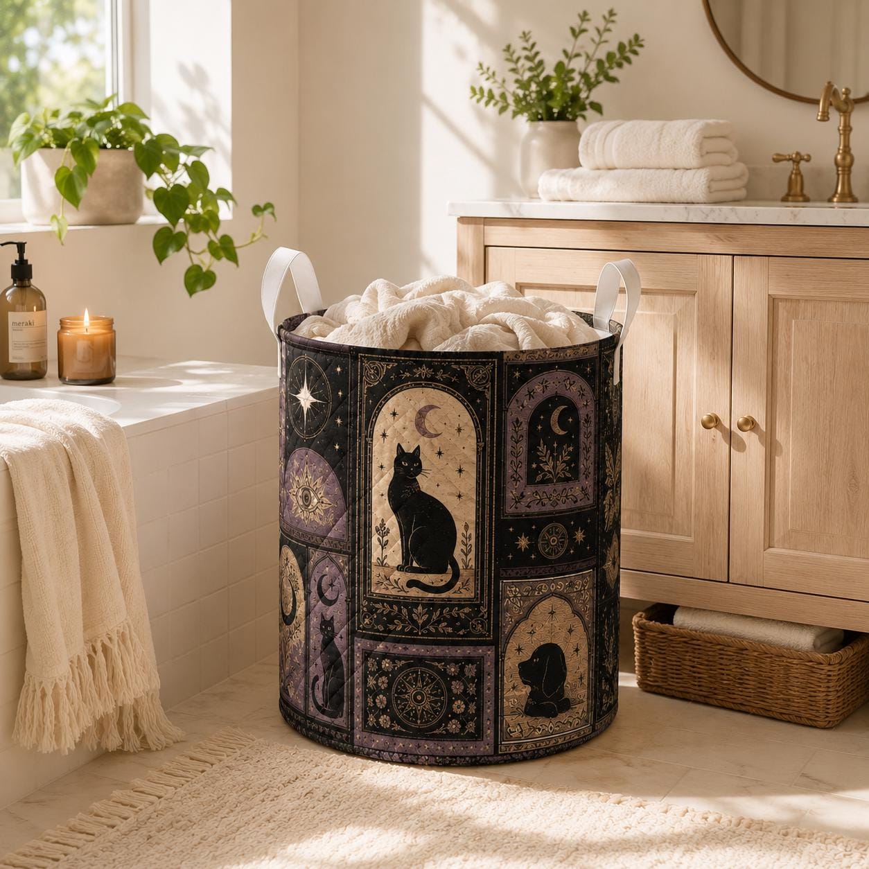 Celestial Witchy Raven Black Cat and Moon Quilted Style Laundry Basket – Gothic Home Hamper Storage Decor - photo 7