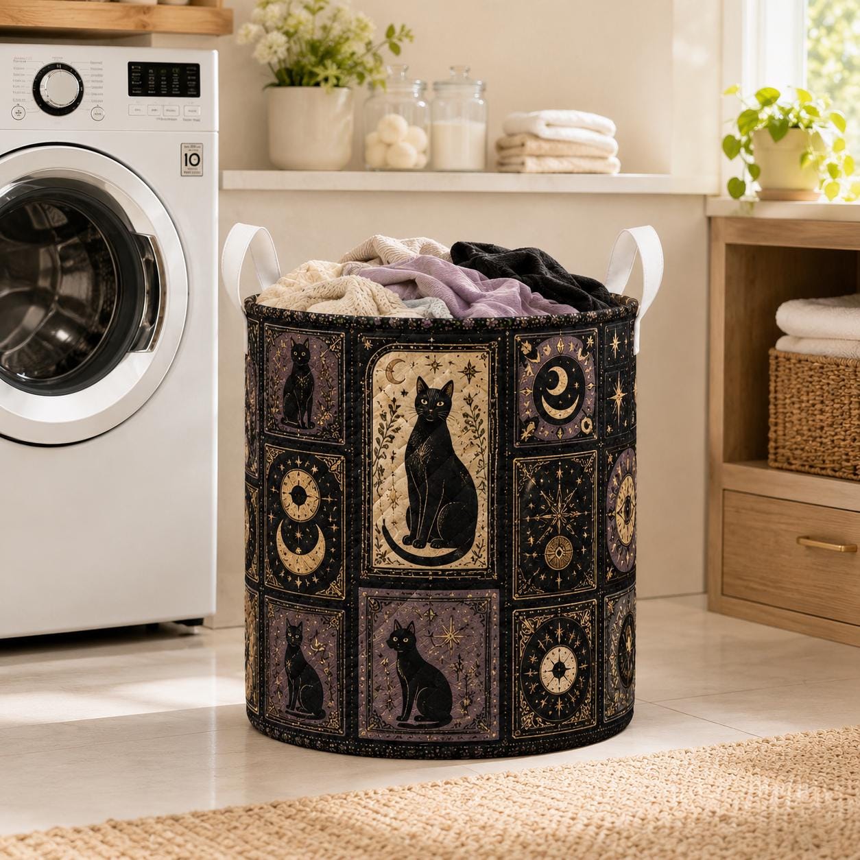 Celestial Witchy Raven Black Cat and Moon Quilted Style Laundry Basket – Gothic Home Hamper Storage Decor - photo 8