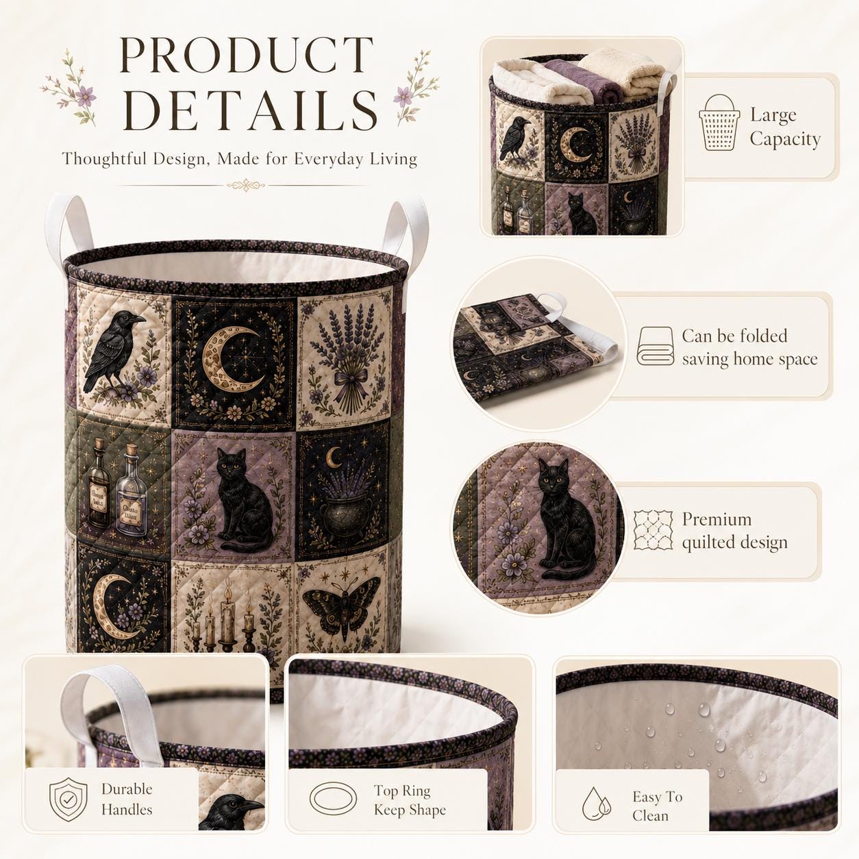 Celestial Witchy Raven Black Cat and Moon Quilted Style Laundry Basket – Gothic Home Hamper Storage Decor - photo 9