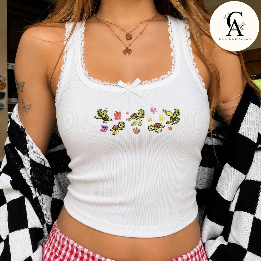 Embroidered Disney Finding Nemo Squirt Sea Turtle Baby Tee Crop Tank – Finding Dory Lace Trim Tank Top Sweatshirt for Turtle Lovers