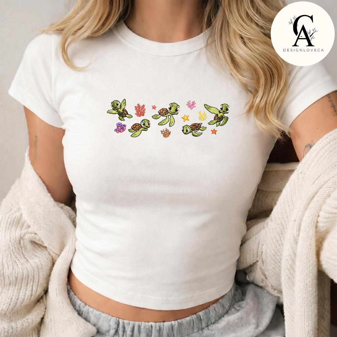 Embroidered Disney Finding Nemo Squirt Sea Turtle Baby Tee Crop Tank – Finding Dory Lace Trim Tank Top Sweatshirt for Turtle Lovers - photo 3