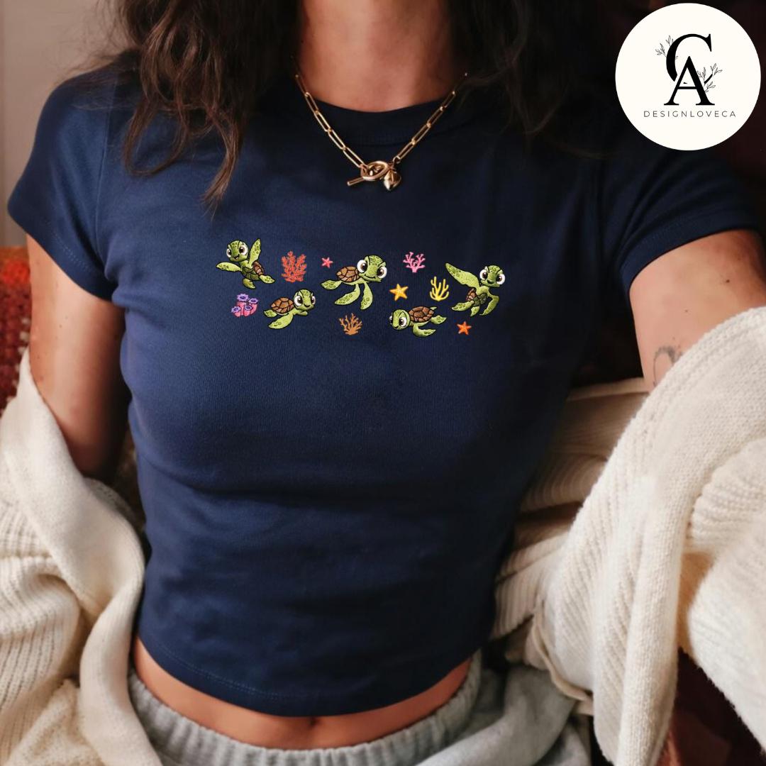 Embroidered Disney Finding Nemo Squirt Sea Turtle Baby Tee Crop Tank – Finding Dory Lace Trim Tank Top Sweatshirt for Turtle Lovers - photo 4