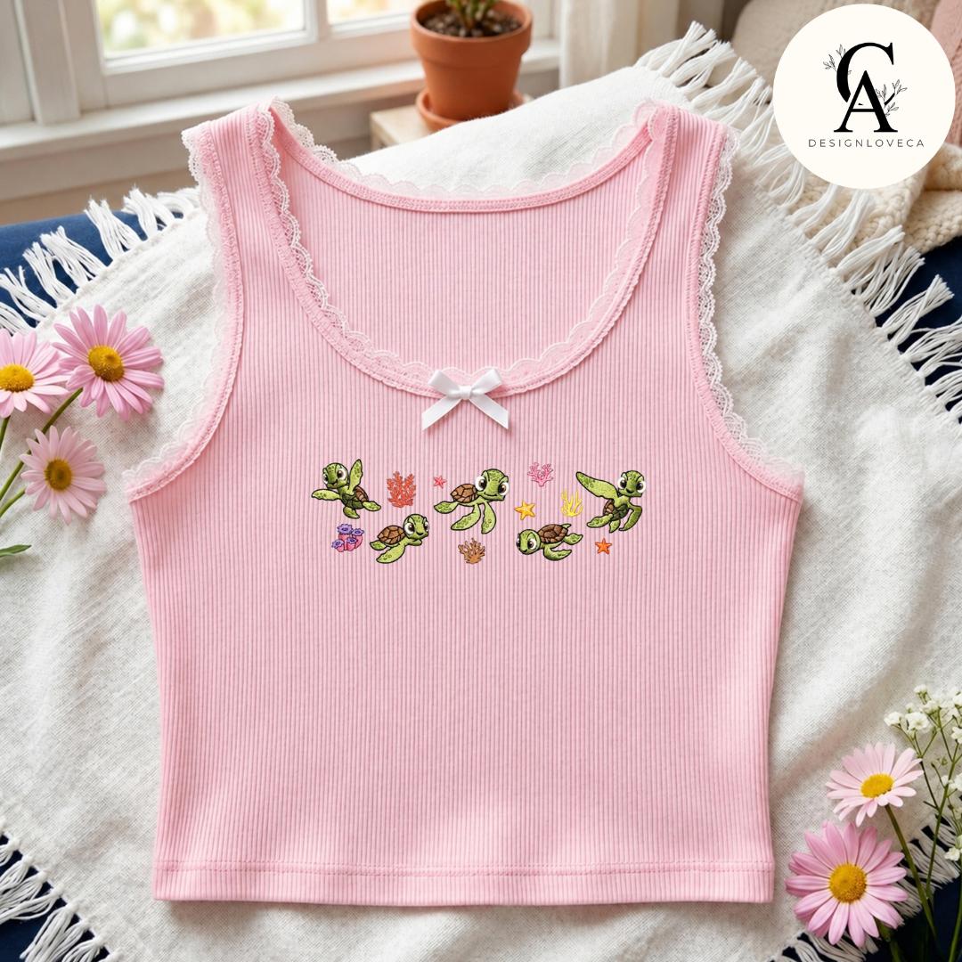 Embroidered Disney Finding Nemo Squirt Sea Turtle Baby Tee Crop Tank – Finding Dory Lace Trim Tank Top Sweatshirt for Turtle Lovers - photo 8