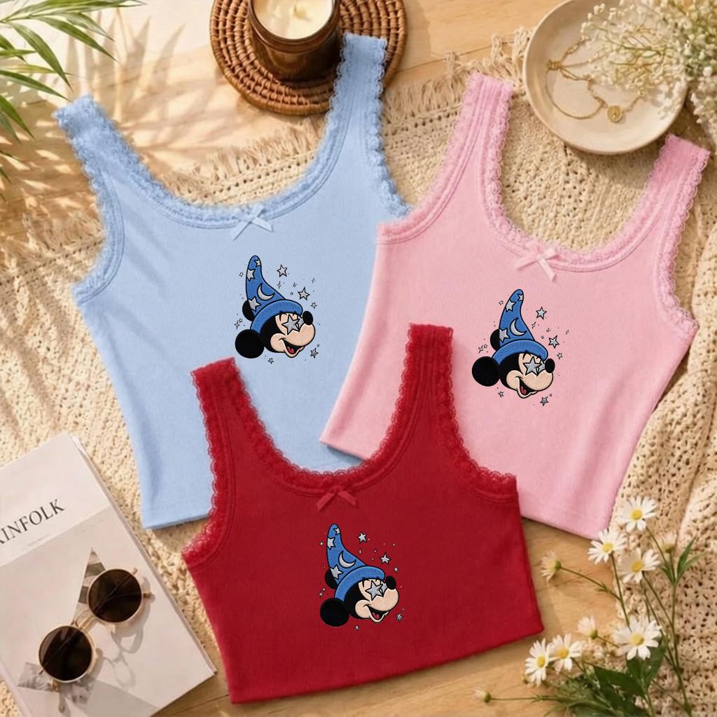 Embroidered Disney Fantasia Sorcerer Mickey Wizard Baby Tee Crop Tank – WDW Disneyland Fantasmic Trip Lace Trim Tank Top - photo 3