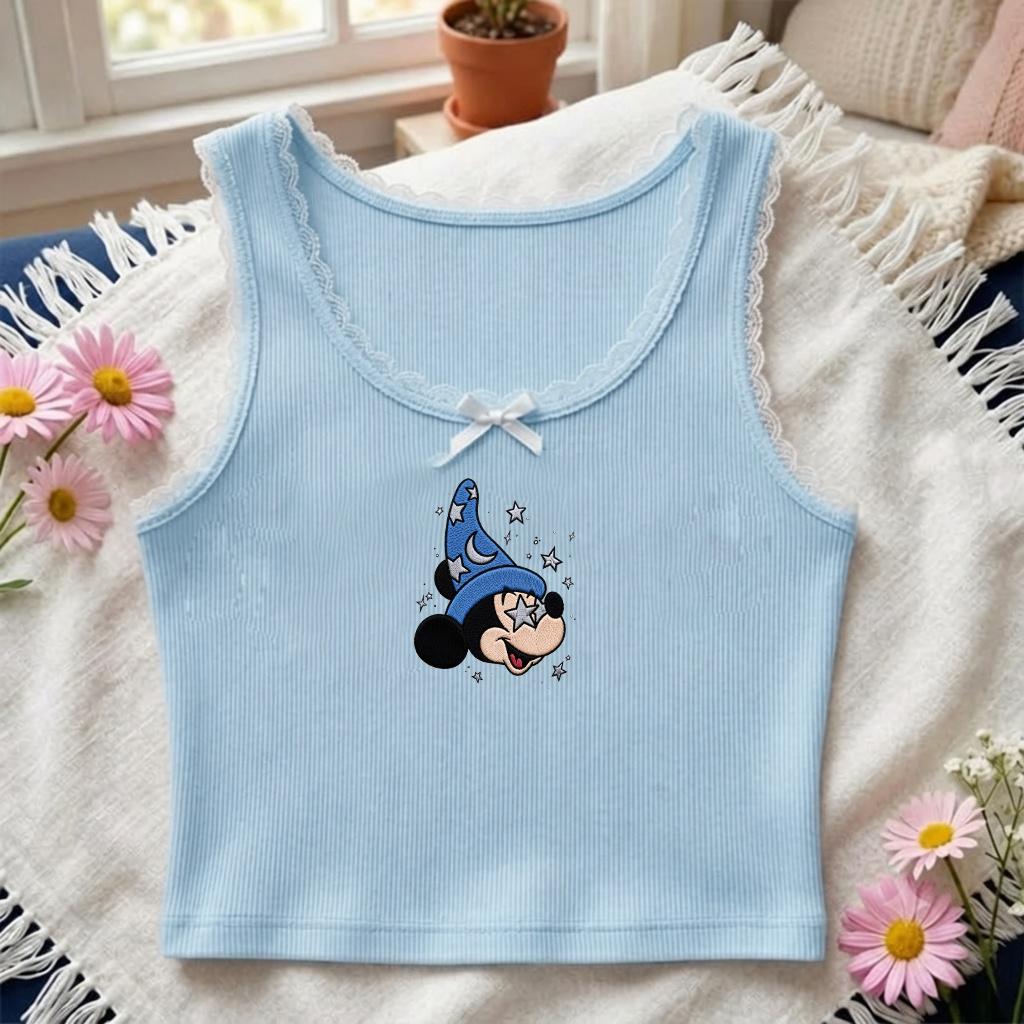 Embroidered Disney Fantasia Sorcerer Mickey Wizard Baby Tee Crop Tank – WDW Disneyland Fantasmic Trip Lace Trim Tank Top - photo 5