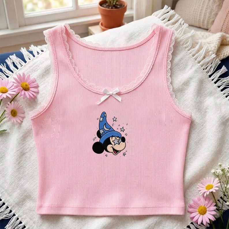 Embroidered Disney Fantasia Sorcerer Mickey Wizard Baby Tee Crop Tank – WDW Disneyland Fantasmic Trip Lace Trim Tank Top - photo 8