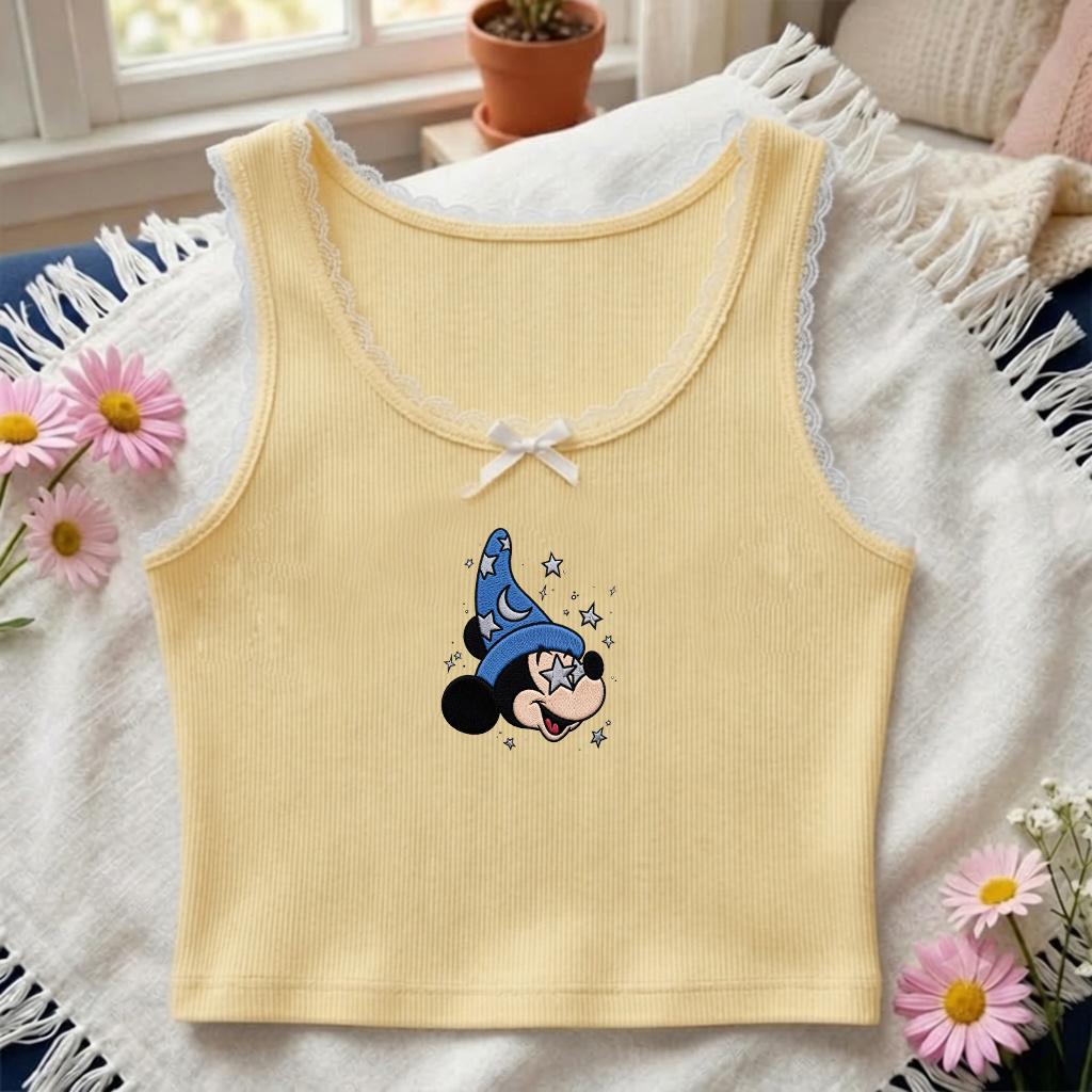 Embroidered Disney Fantasia Sorcerer Mickey Wizard Baby Tee Crop Tank – WDW Disneyland Fantasmic Trip Lace Trim Tank Top - photo 9