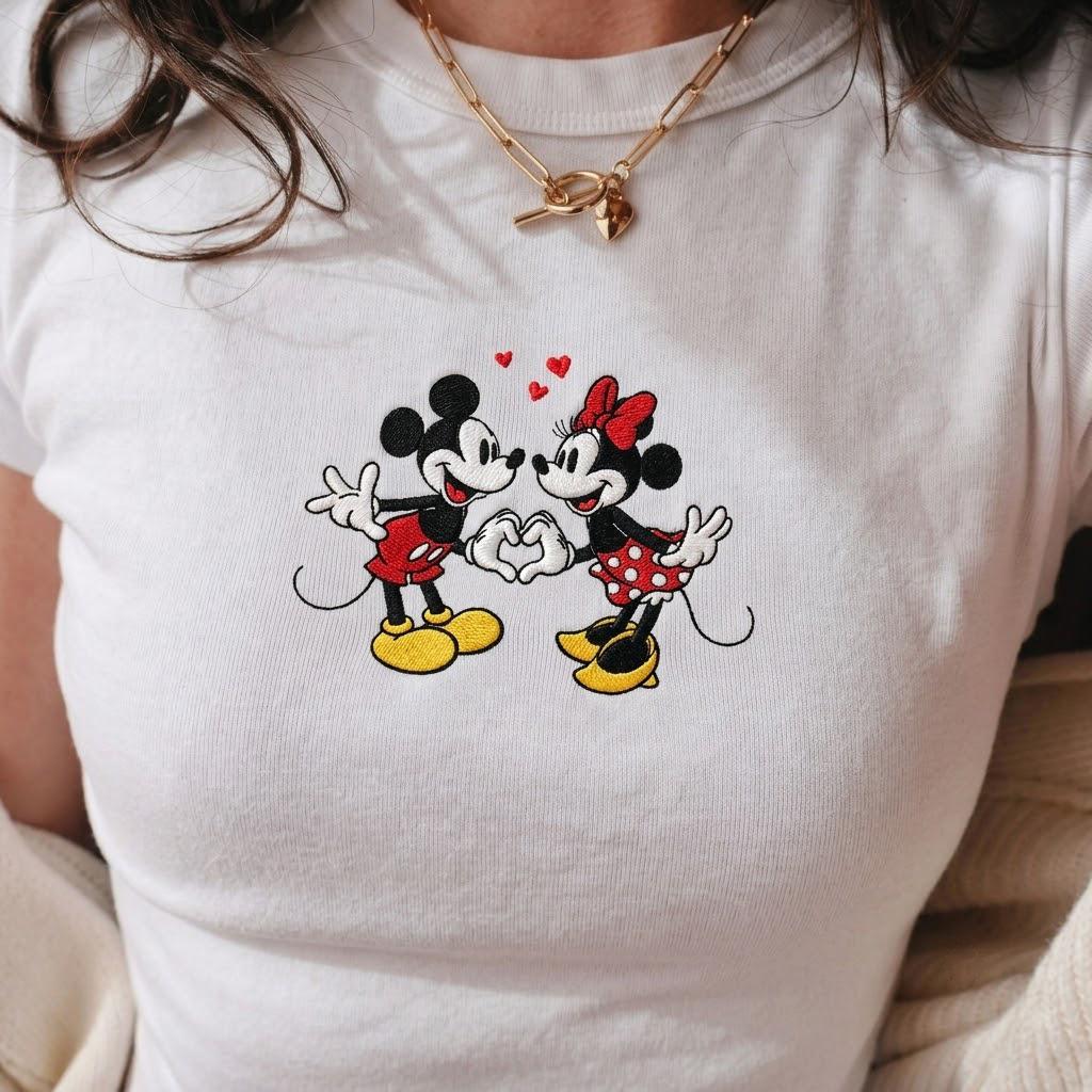 Embroidered Mickey and Minnie Baby Tee Disney Couple Shirt – Retro Friends Matching Crop Tee for WDW Disneyland Vacation Trip Outfit