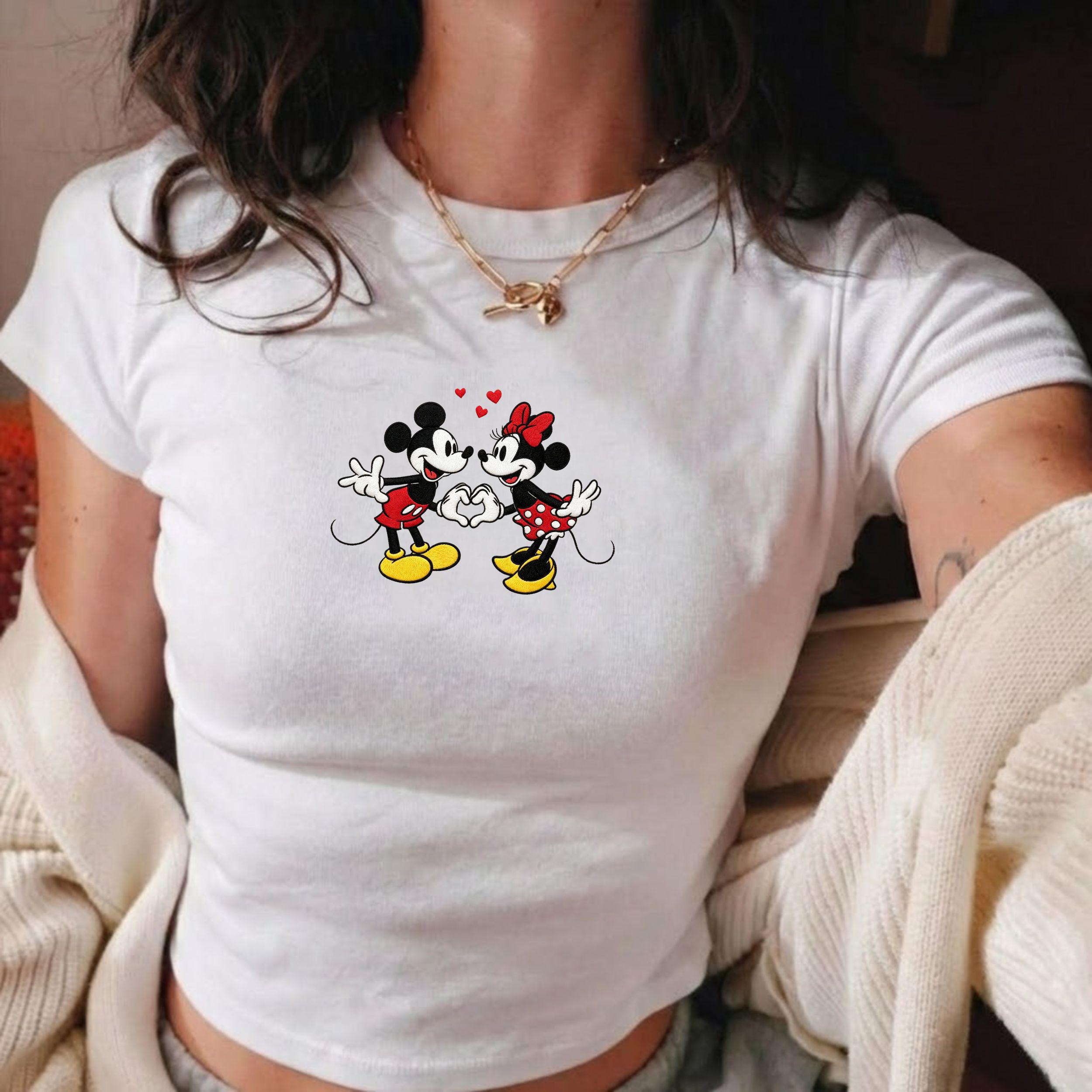 Embroidered Mickey and Minnie Baby Tee Disney Couple Shirt – Retro Friends Matching Crop Tee for WDW Disneyland Vacation Trip Outfit - photo 2