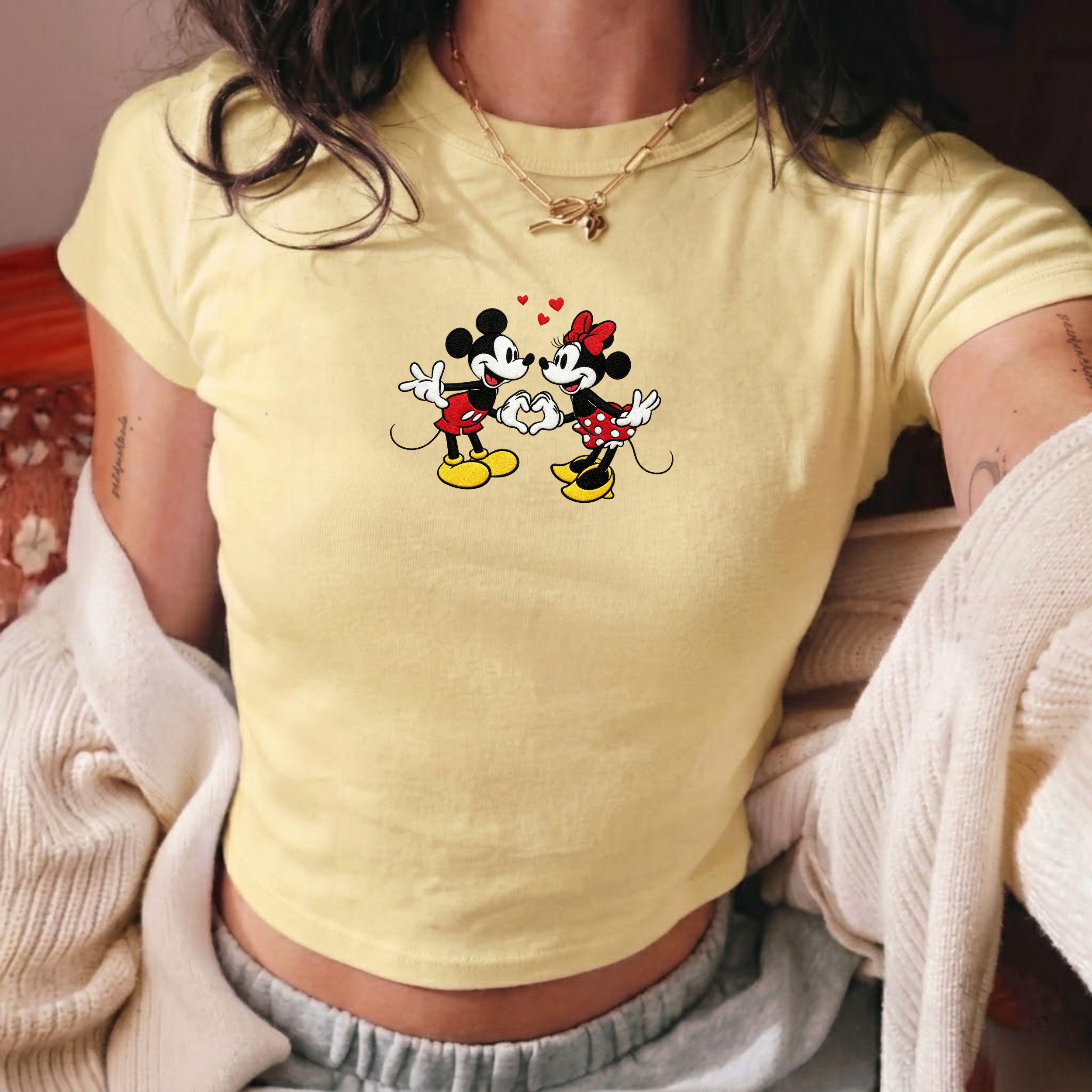 Embroidered Mickey and Minnie Baby Tee Disney Couple Shirt – Retro Friends Matching Crop Tee for WDW Disneyland Vacation Trip Outfit - photo 3