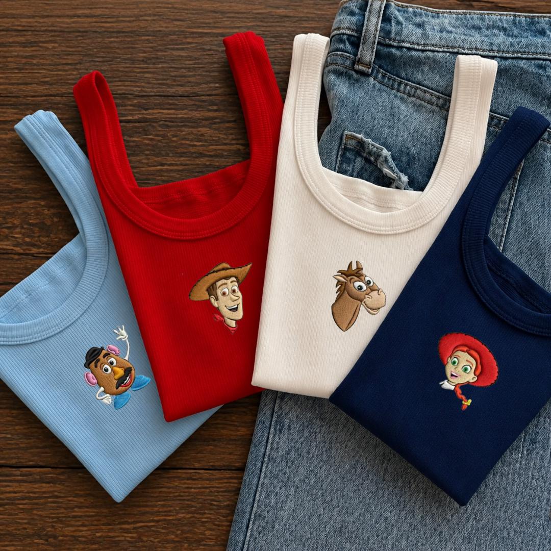 Embroidered Coquette Toy Story Tank Top with Jessie and Buzz Lightyear – Disney Character Ribbed Crop Top for Disneyland Girls Trip Shirt