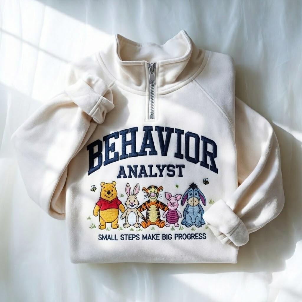 Embroidered Winnie the Pooh BCBA Quarter Zip Sweatshirt for Behavior Analyst and ABA Therapy Professionals