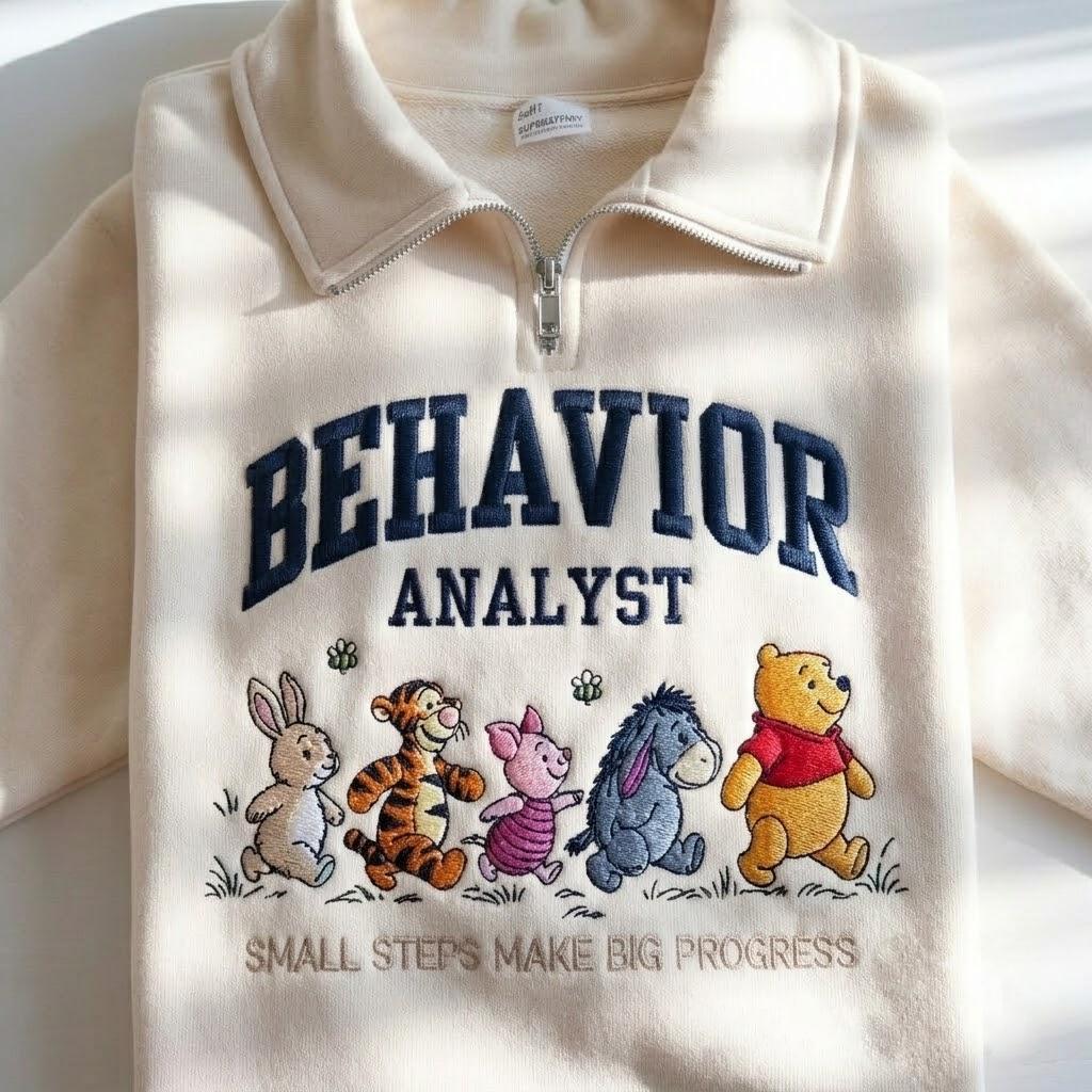 Embroidered Behavior Analyst Quarter Zip Sweatshirt with Winnie the Pooh – BCBA Crewneck Shirt for ABA Therapy - photo 2