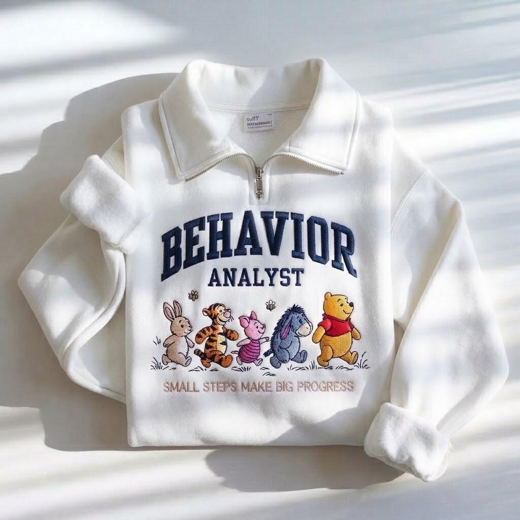 Embroidered Behavior Analyst Quarter Zip Sweatshirt with Winnie the Pooh – BCBA Crewneck Shirt for ABA Therapy - photo 3
