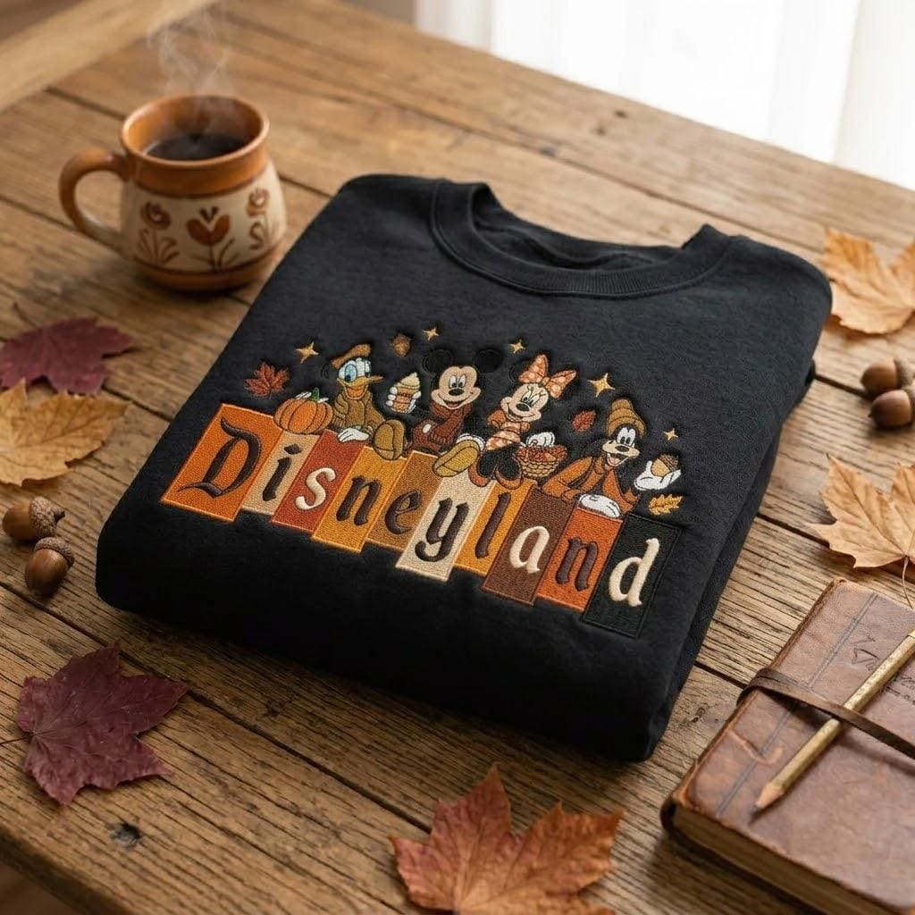 Disney Fall Embroidered Crewneck Sweatshirt with Mickey Minnie Donald and Goofy Pumpkin – Disneyland Autumn Pullover Theme Park Lover Gift