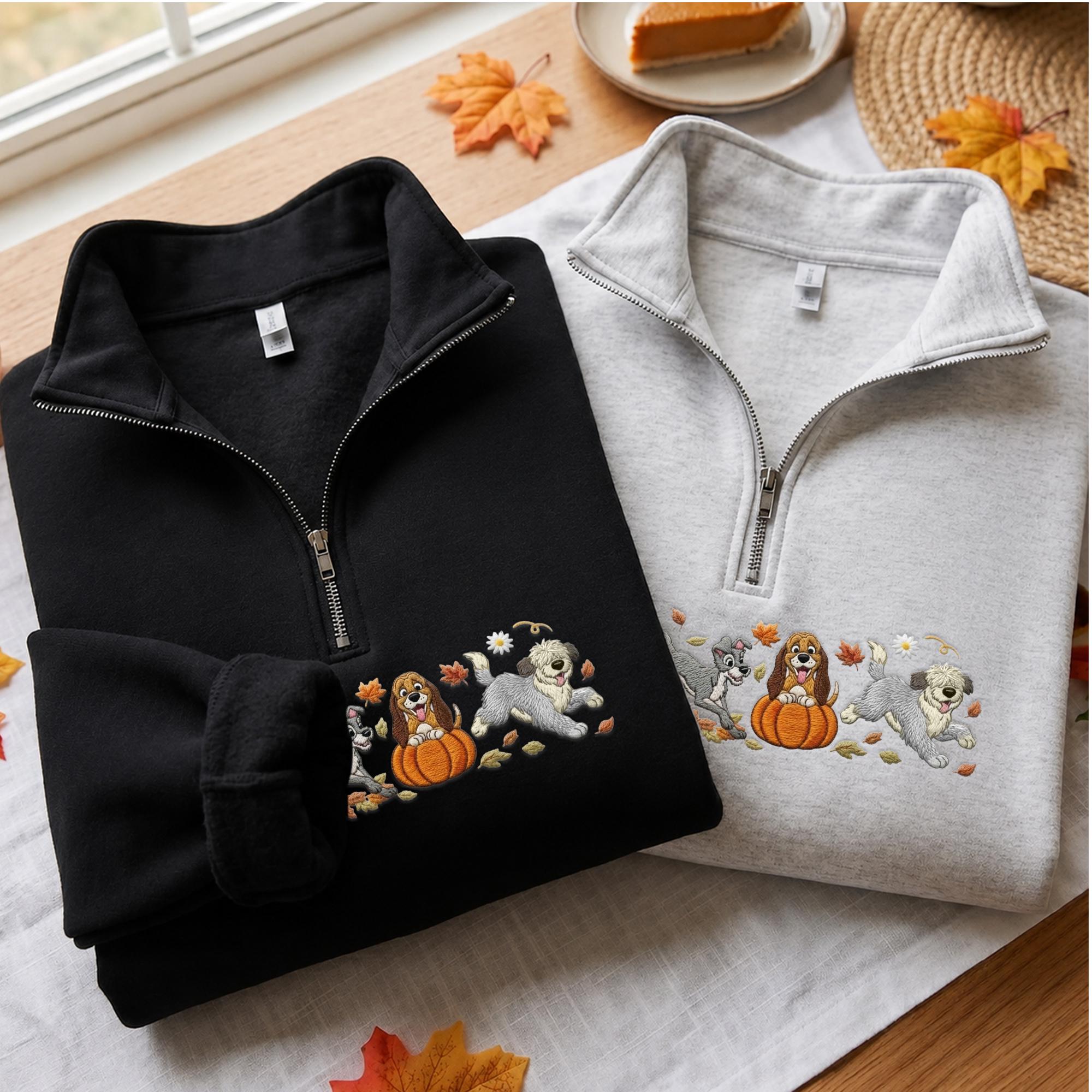 Embroidered Disney Dogs Halloween Sweatshirt with Lady and the Tramp Copper – Spooky Season Fall Quarter Zip Hoodie Baby Tee Dog Mom Gift - photo 7