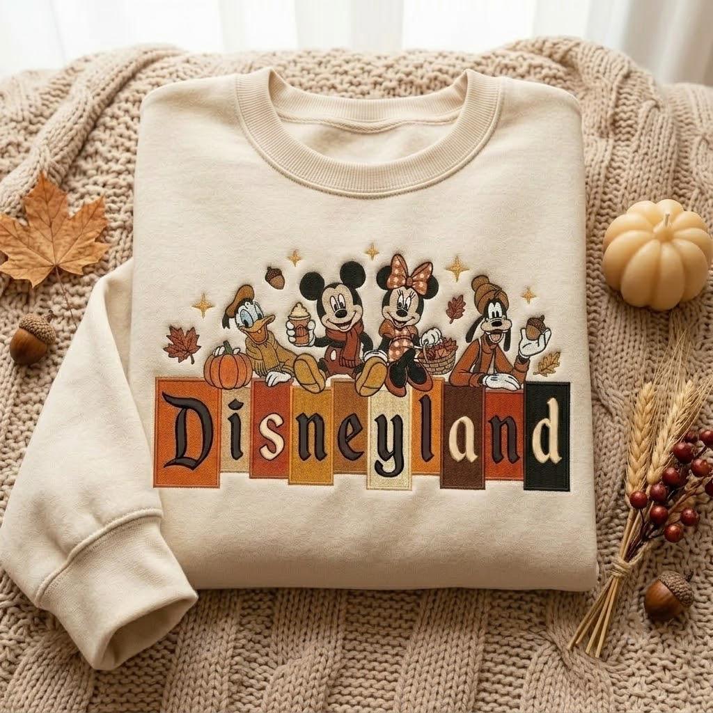 Disneyland Fall Embroidered Sweatshirt with Mickey and Friends Pumpkin Crewneck – Cozy Autumn Theme Park Pullover Disney Lover Gift Idea