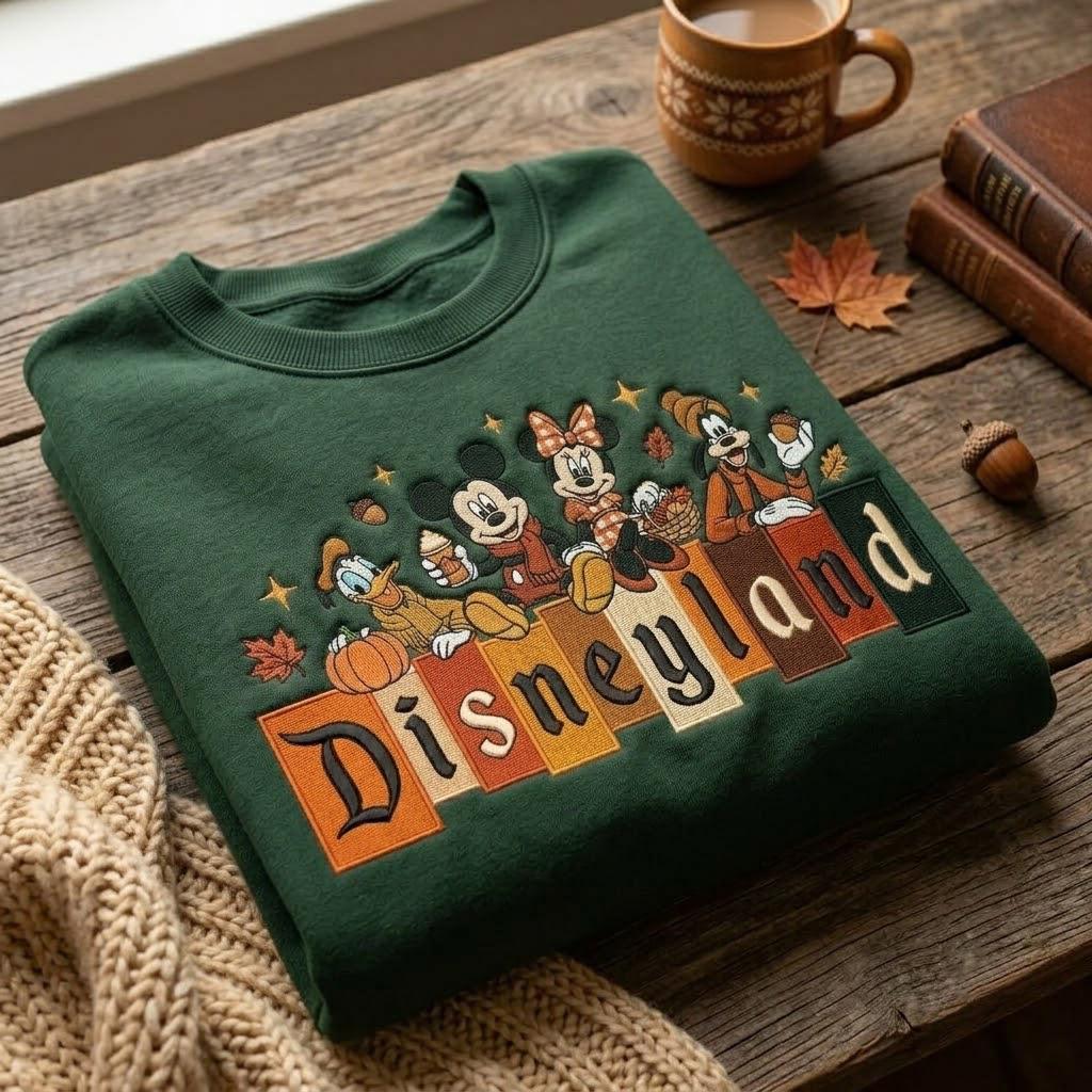 Disneyland Fall Embroidered Sweatshirt with Mickey and Friends Pumpkin Crewneck – Cozy Autumn Theme Park Pullover Disney Lover Gift Idea - photo 2